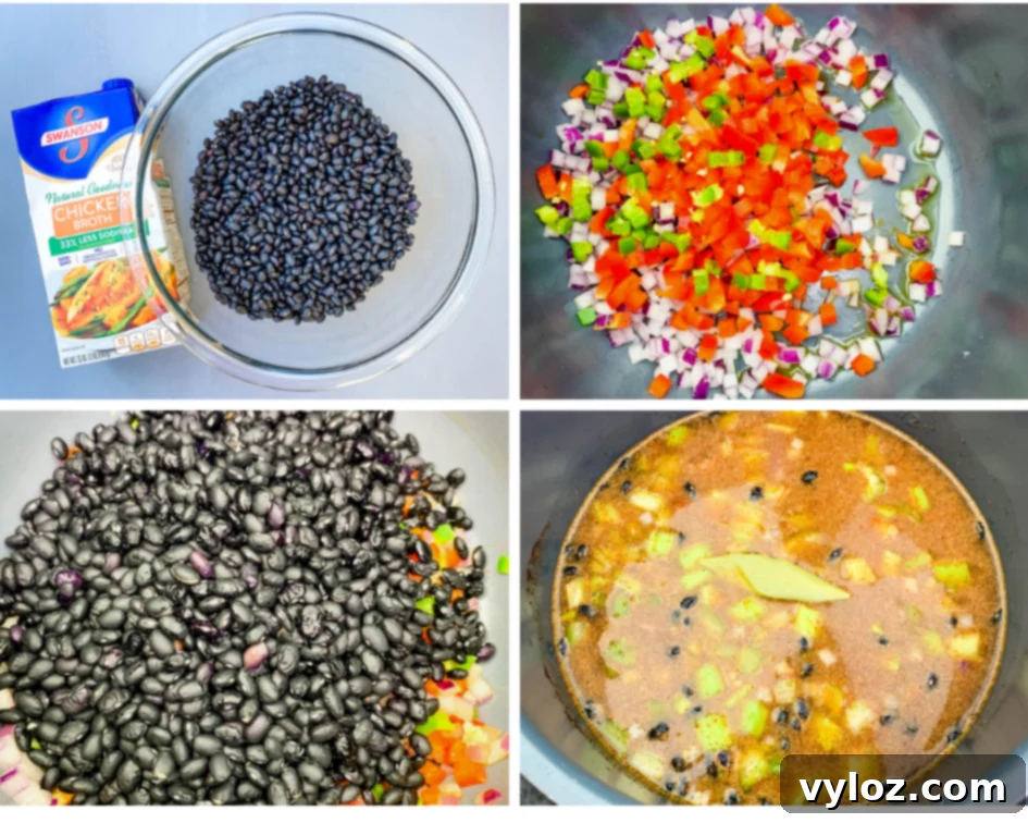 Simple & Savory Instant Pot Black Bean Soup 4 collage photo of dried black beans, onions and red peppers in an instant pot, and uncooked black bean soup