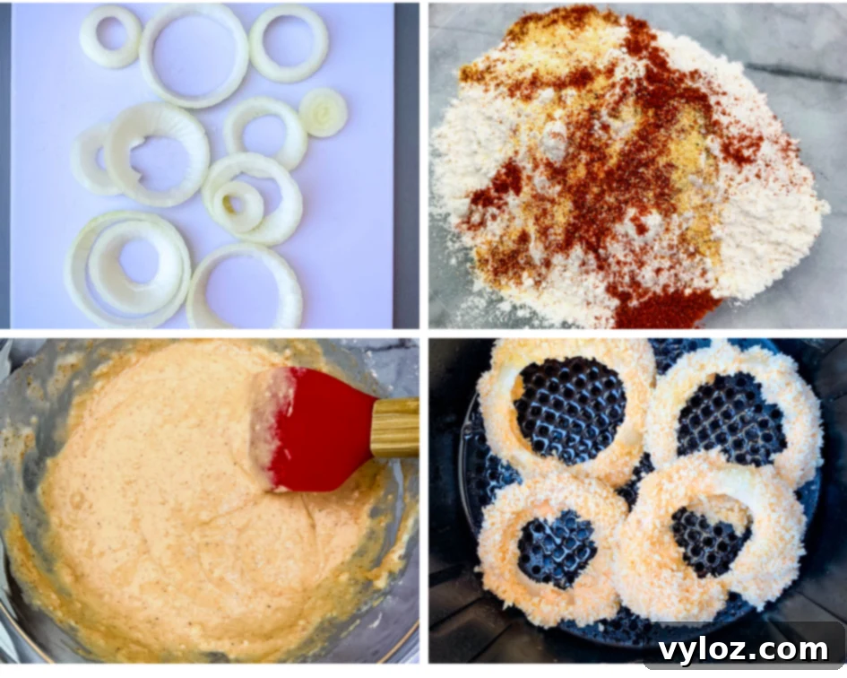 collage photo of sliced onions, onion ring batter, and uncooked onions in an air fryer