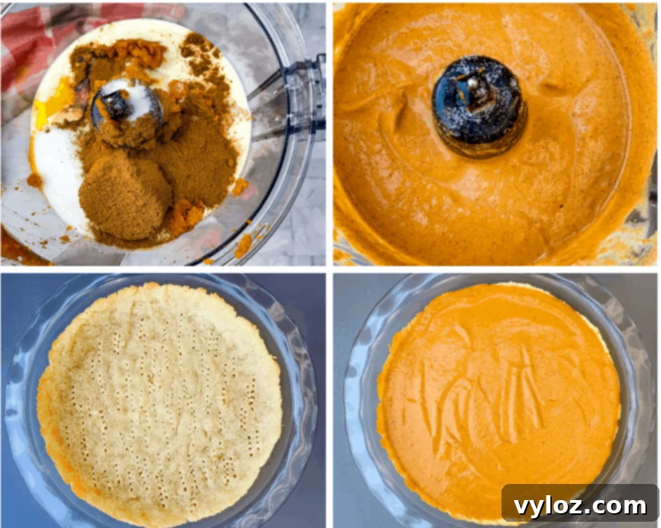 collage photo of keto low carb pumpkin puree in food processor