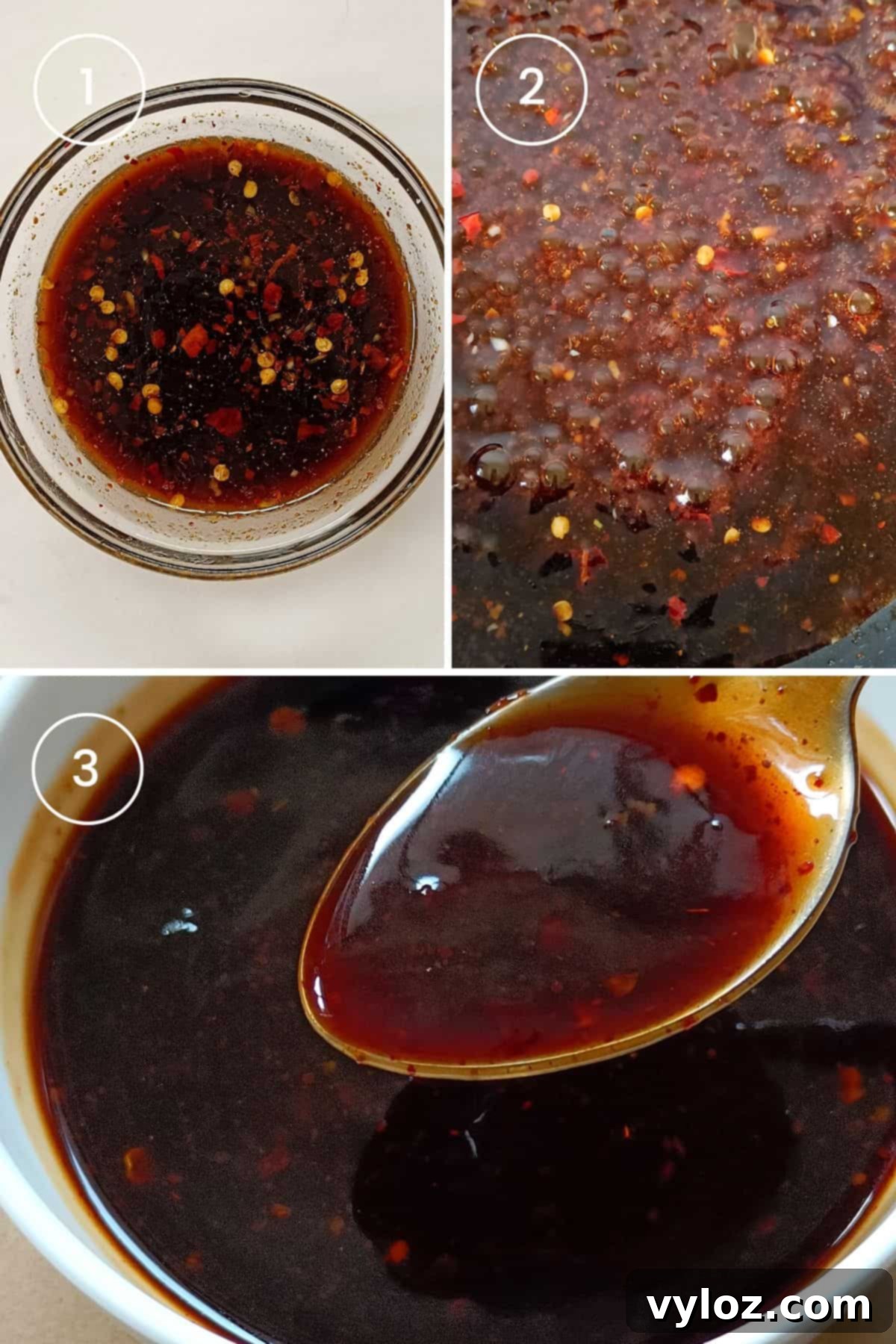 Homemade Asian Zing Wing Sauce 4 A visual progression showing ingredients being mixed, the sauce simmering and thickening in a pan, and finally, the finished sauce served in a bowl.