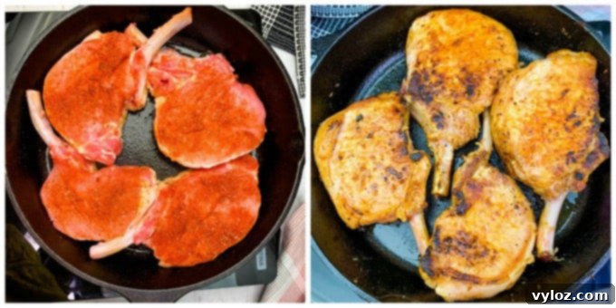 Smothered Keto Pork Chops 5 Collage photo of pork loin chops cooking in a cast iron skillet, showing the searing process