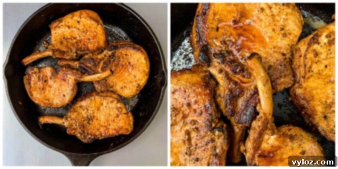 Smothered Keto Pork Chops 6 Collage photo of keto pork loin chops in a cast iron skillet, showing the chops simmering in gravy