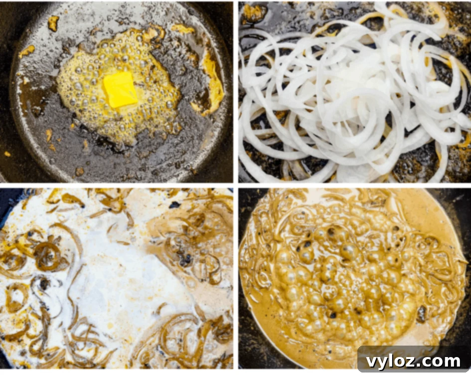 Smothered Keto Pork Chops 7 Collage photo of butter melted in a cast iron skillet with onions and gravy, illustrating gravy preparation