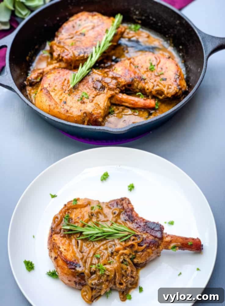 Smothered Keto Pork Chops 8 Keto low carb smothered pork chops in a cast iron skillet and on a white plate, showcasing the finished dish