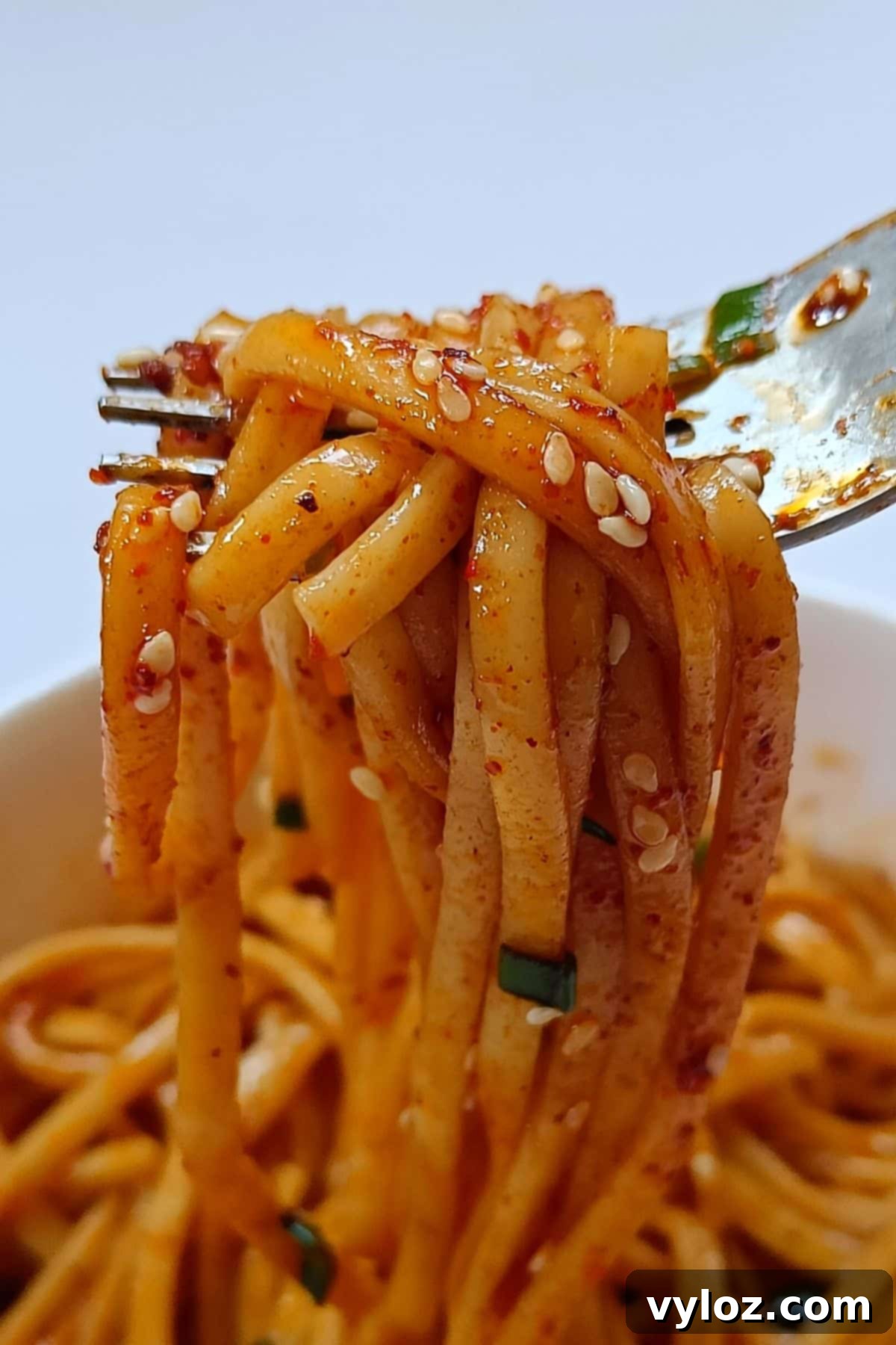 Image showing a fork holding delicious chili oil noodles, perfectly coated in sauce with a garnish of green onions.