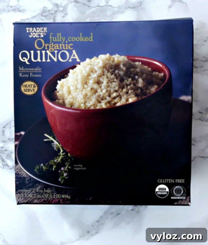 A box of cooked Trader Joe's organic quinoa, highlighting its convenience.