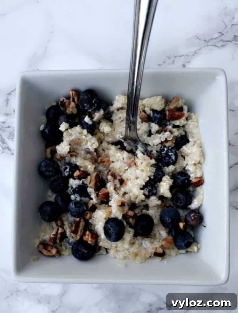 A luscious blueberry quinoa breakfast bowl, showcasing its texture and delicious toppings.