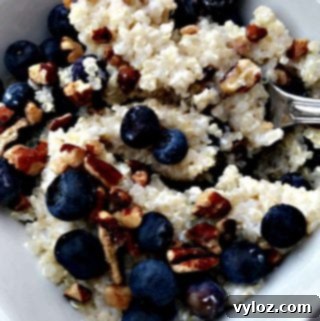 A blueberry quinoa breakfast bowl with pecans in a white bowl, ready for enjoyment.