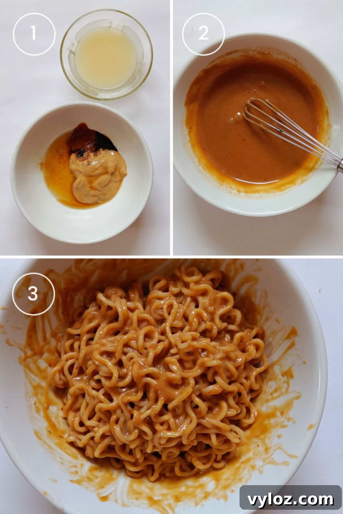 3 images showing preparing peanut butter sauce and tossing the noodles with the sauce.