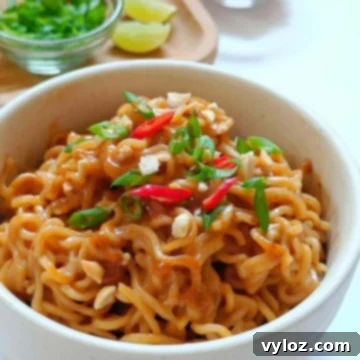Image showing peanut butter ramen noodles in a white bowl.