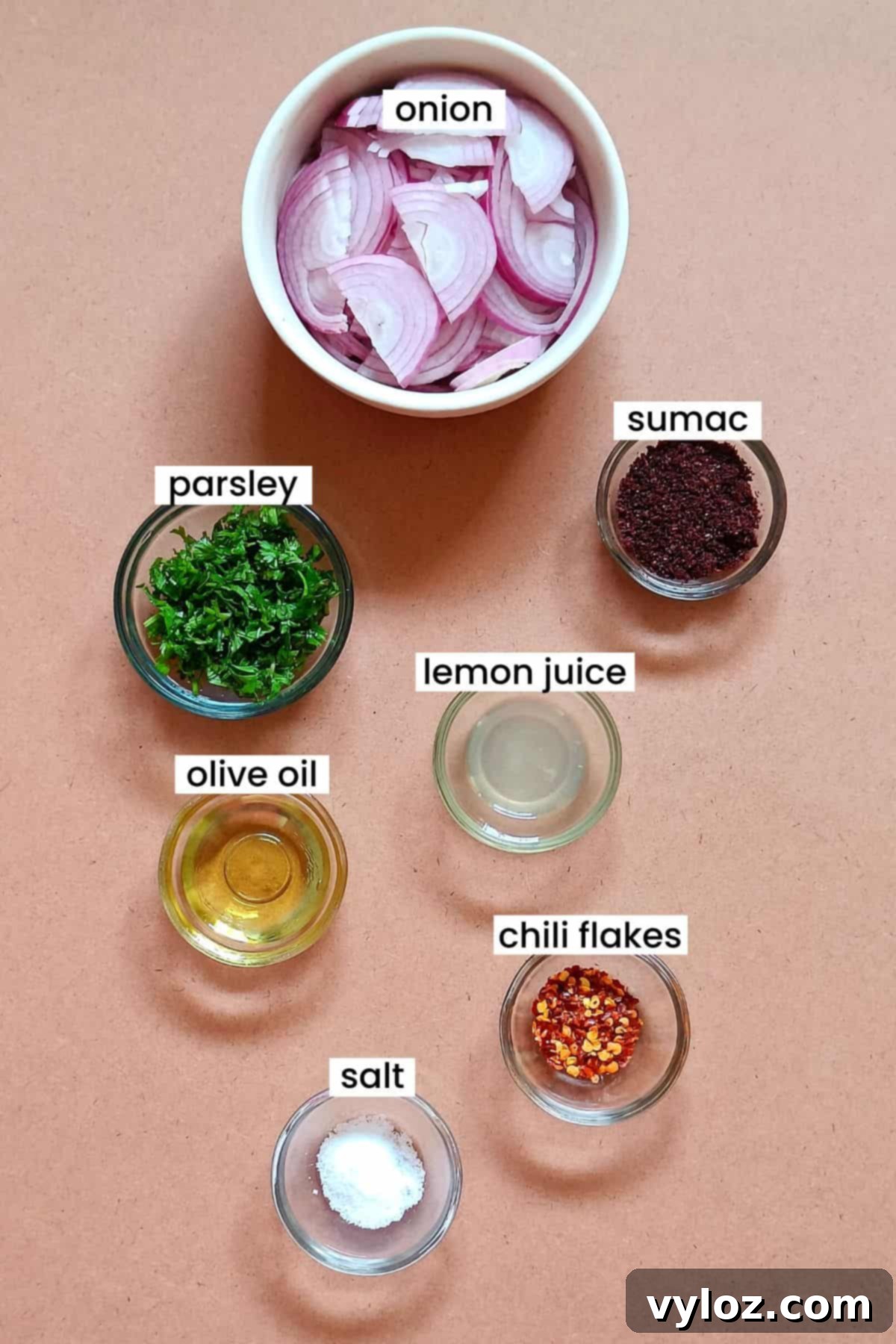 Turkish Sumac Red Onions 4 Image showing sumac onions ingredients laid out on a light brown background.