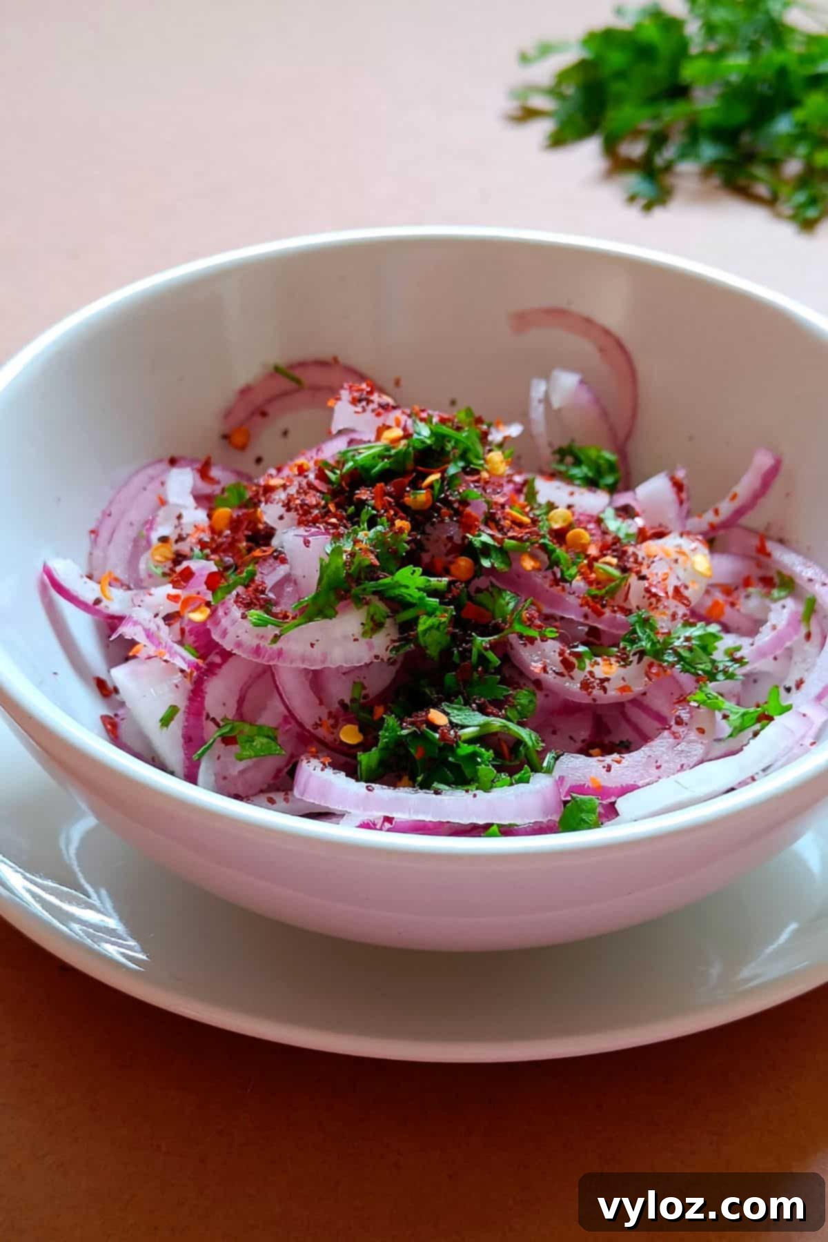 Turkish Sumac Red Onions 5 Image showing red onions slices, sumac, and parsley in a bowl before mixing.