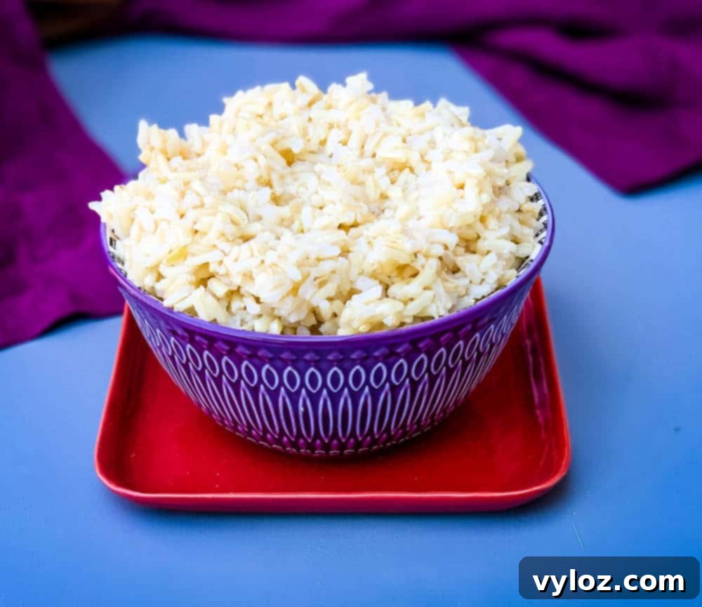 Instant Pot brown rice in a purple bowl, ready to serve.