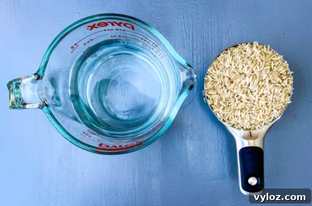Dry brown rice in a measuring cup next to a cup of water, illustrating the ingredients.
