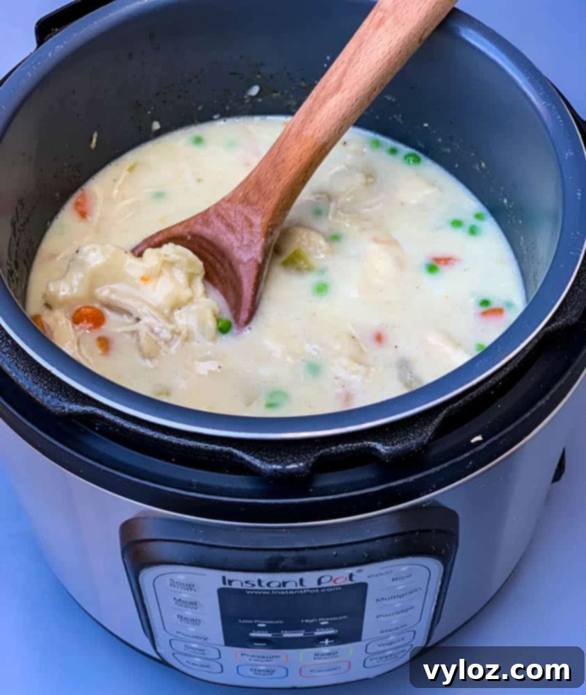 Instant Pot chicken and dumplings from scratch cooking inside an Instant Pot, showing the texture of the stew.