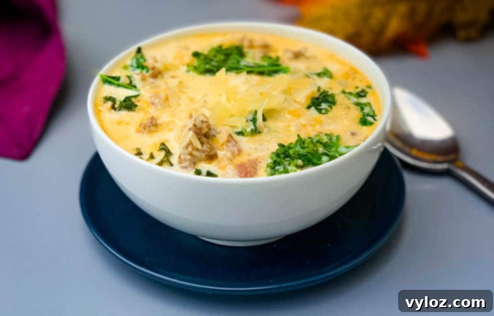 keto low carb zuppa toscana soup in a white bowl