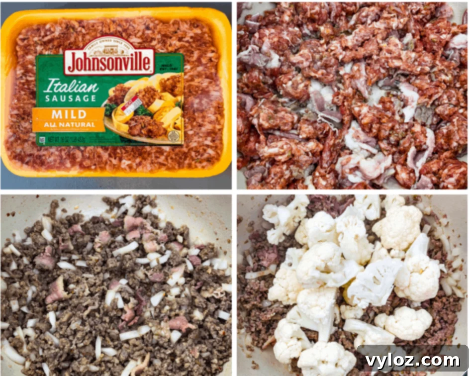 collage photo of cooked and uncooked sausage and bacon in a Dutch oven