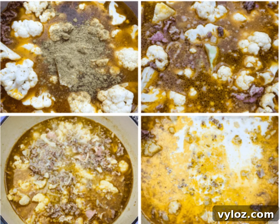 collage photo showing the process of cooking keto low carb zuppa toscana soup in a Dutch oven