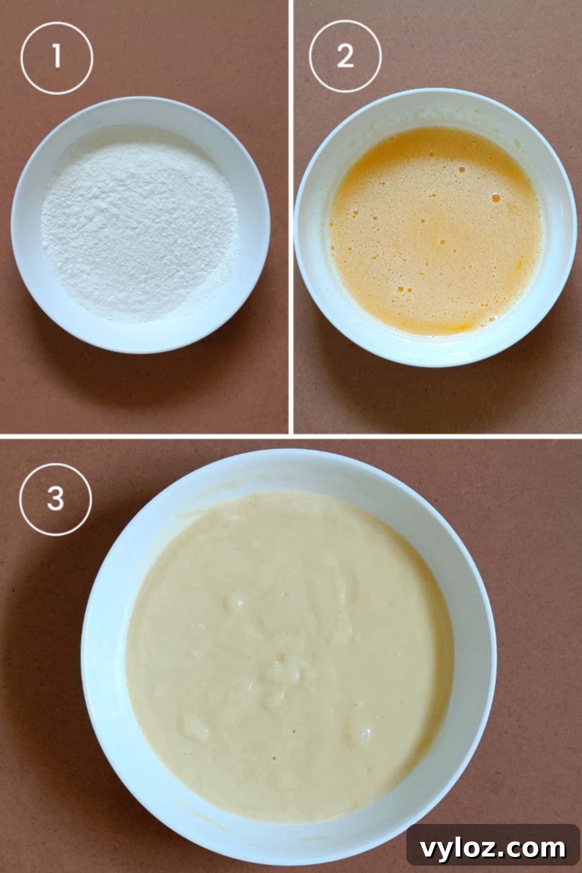 3 images showing the process of preparing pancake batter: sifting dry ingredients, whisking wet ingredients, and combining both gently.