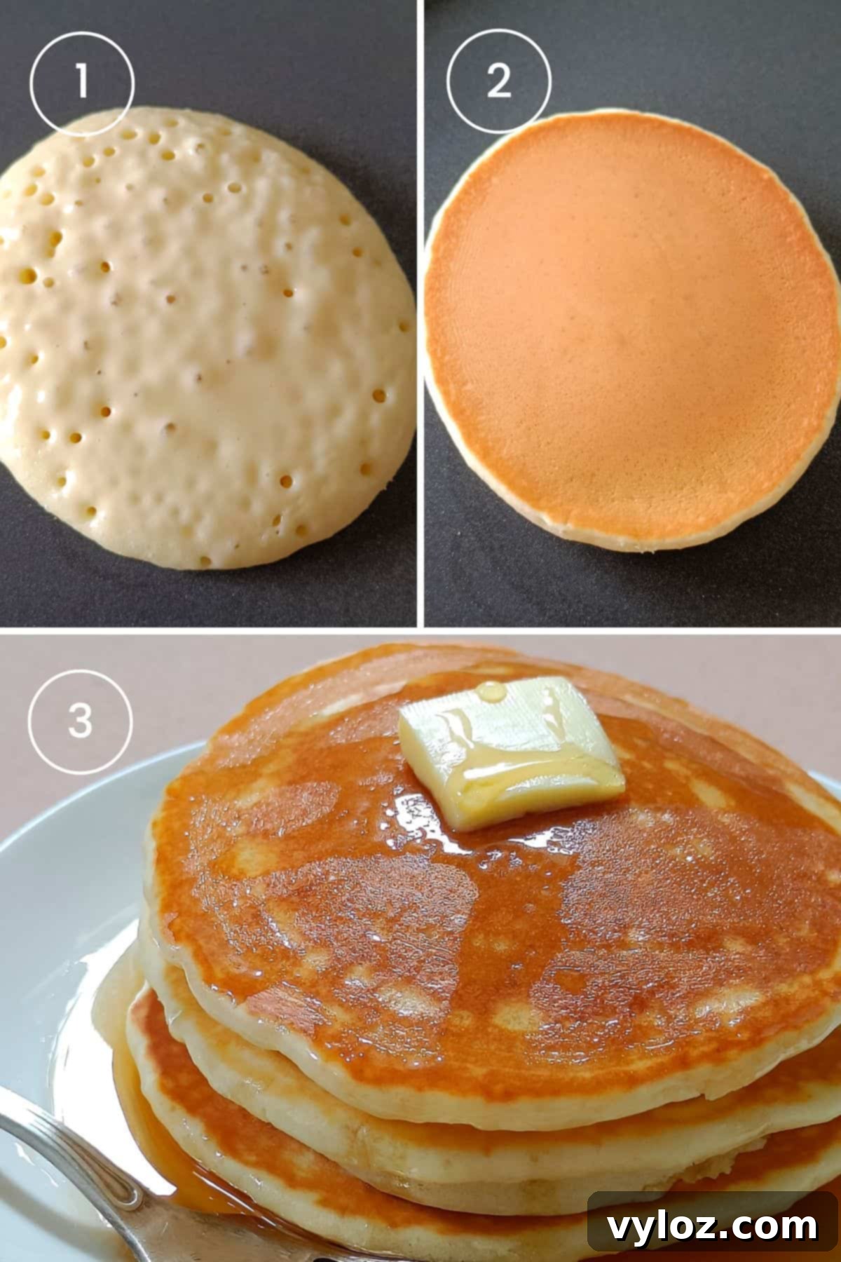 3 images showing the cooking process: pouring batter, pancakes cooking with bubbles, and flipping a golden-brown pancake on a non-stick skillet.