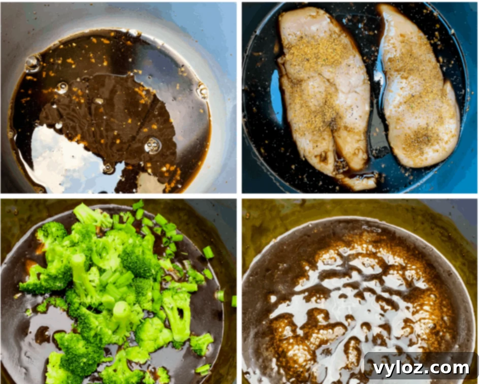 A collage photo showing chicken breasts and broccoli with teriyaki sauce in an Instant Pot