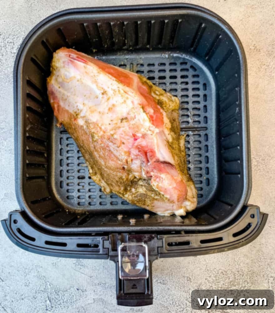 seasoned raw turkey in an air fryer