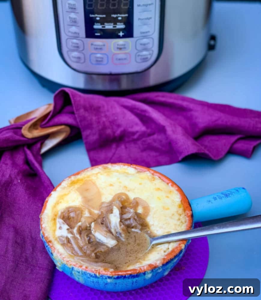 Effortless Instant Pot French Onion Soup 14 Instant Pot French onion soup in a bowl with cheese