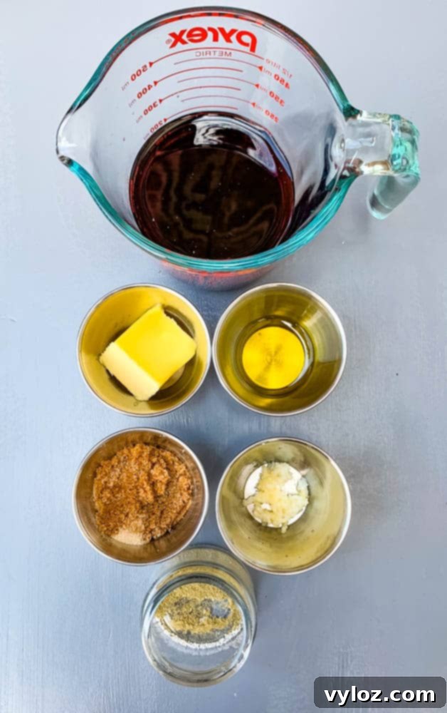 Effortless Instant Pot French Onion Soup 3 beef broth, butter, olive oil, brown sugar, and seasoning on a flat surface