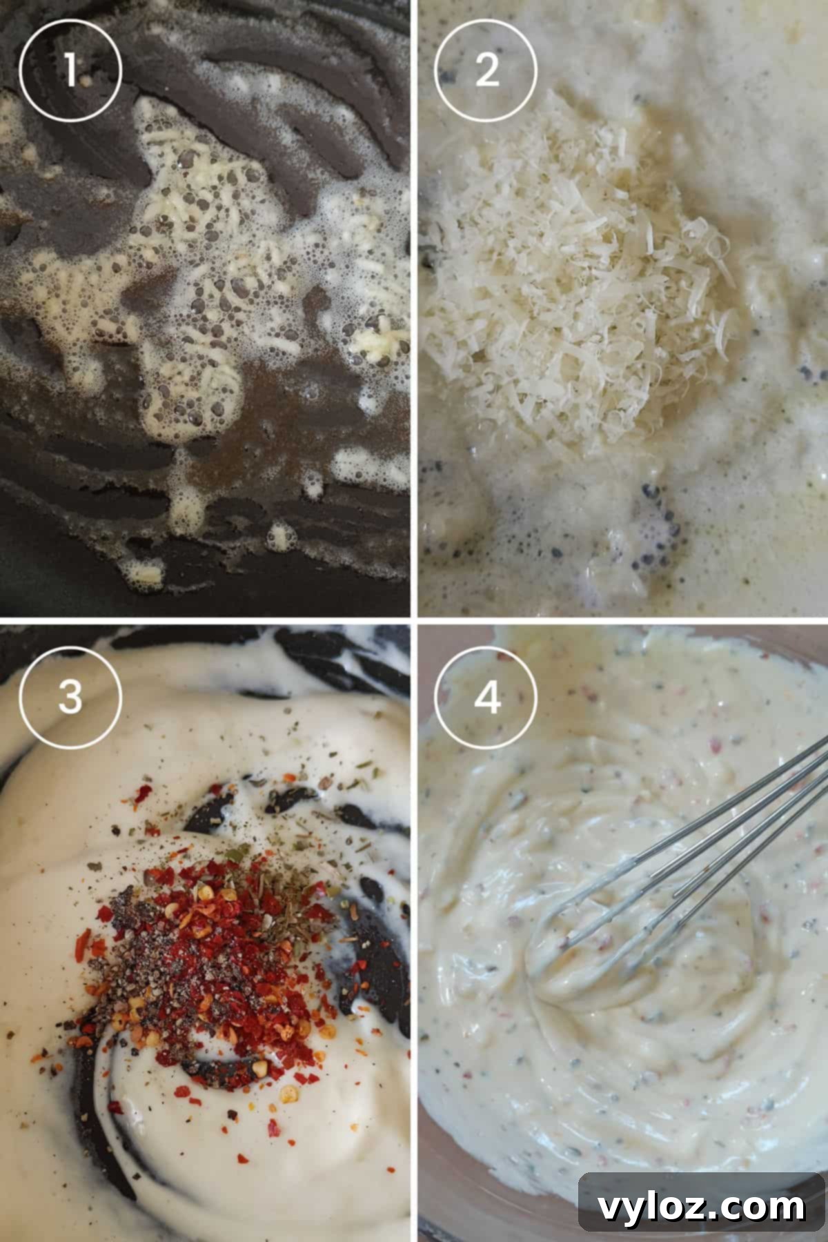 Copycat Buffalo Wild Wings Garlic Parmesan Sauce Recipe 4 4 Images showing sauteing the butter, garlic, mixing cream, parmesan, and spices, and combining the mixture with mayonnaise in a bowl.