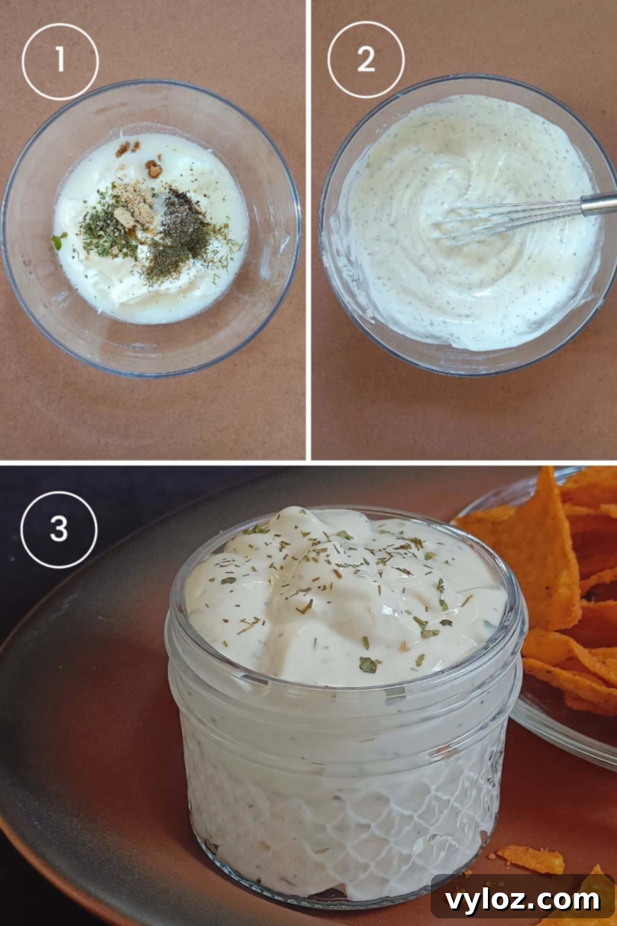 The Ultimate Homemade Wingstop Ranch 4 3 images showing combining the wet ingredients, mixing in ranch seasoning, and pouring the finished dressing into a mason jar for storage.
