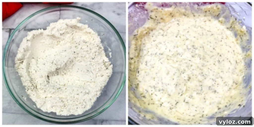air fryer fried pickles breading in glass bowls