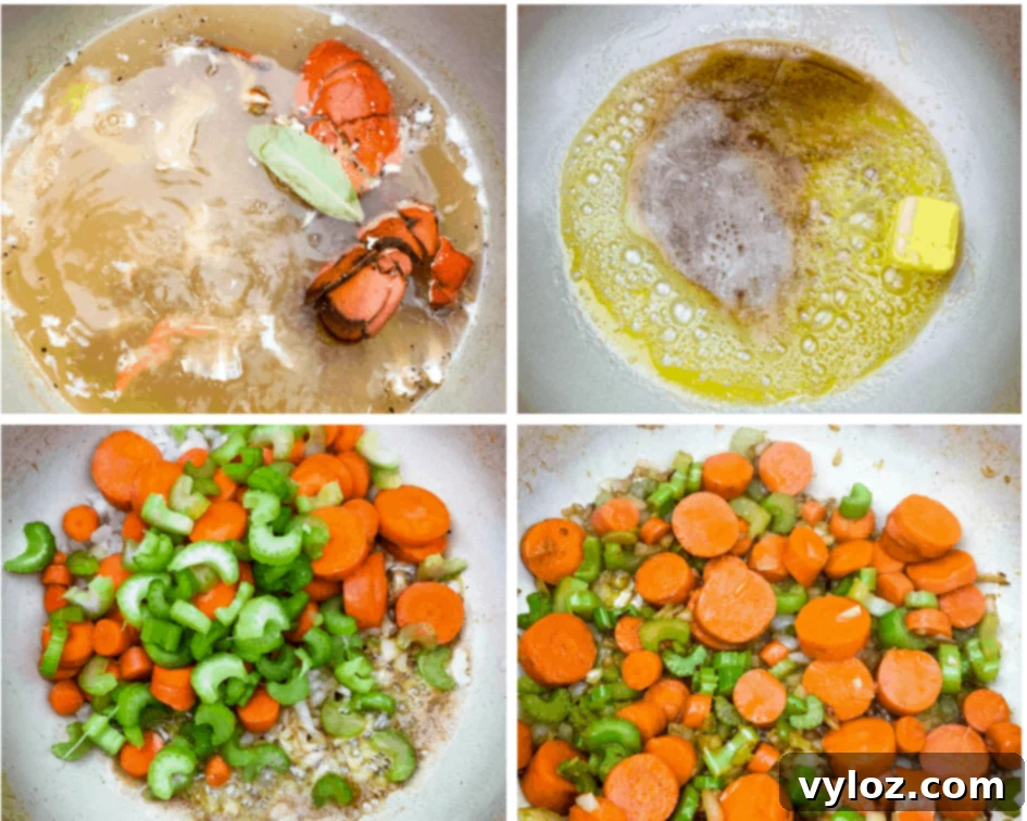 A dynamic collage capturing the essence of bisque creation: one image shows strained lobster stock, a translucent golden liquid ready to infuse flavor; another image displays an assortment of vibrant, chopped vegetables—carrots, celery, and onions—sautéing to perfection, preparing the aromatic base.