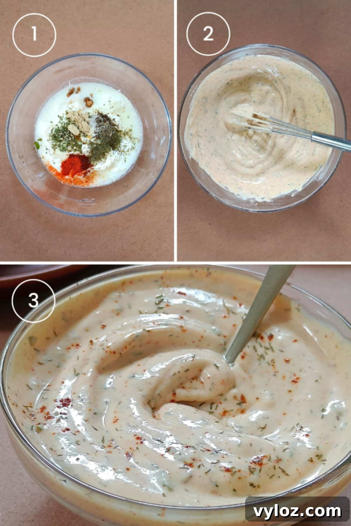 3 images showing measuring and whisking blackened ranch in a bowl.