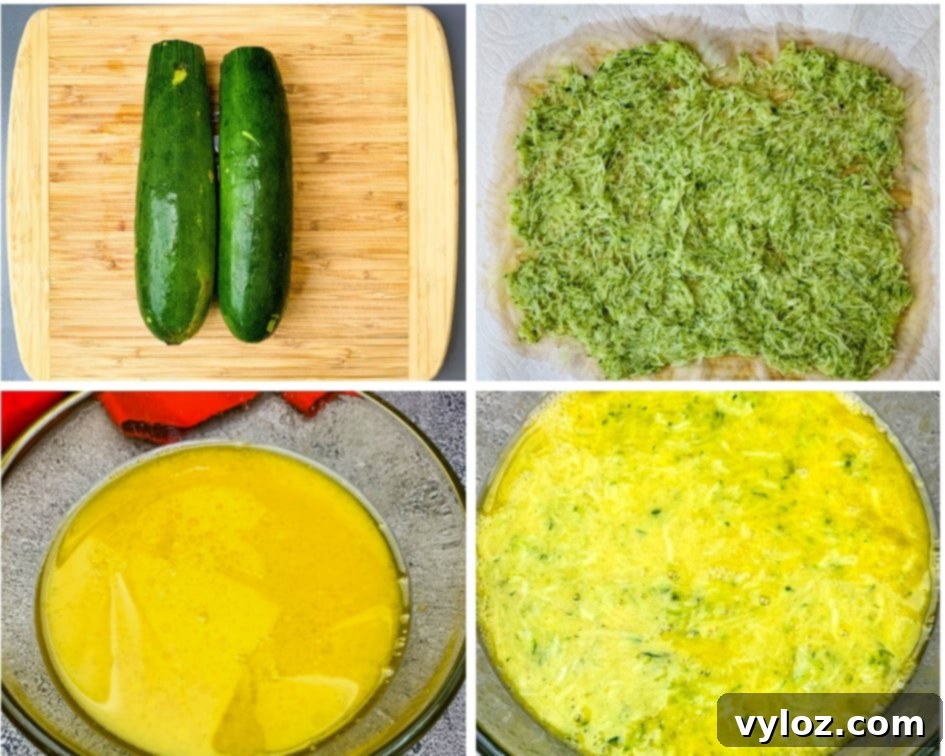 Collage photo featuring fresh zucchini and the wet batter for keto zucchini bread