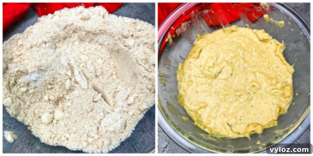 Dry and wet batter for keto zucchini bread in separate glass bowls