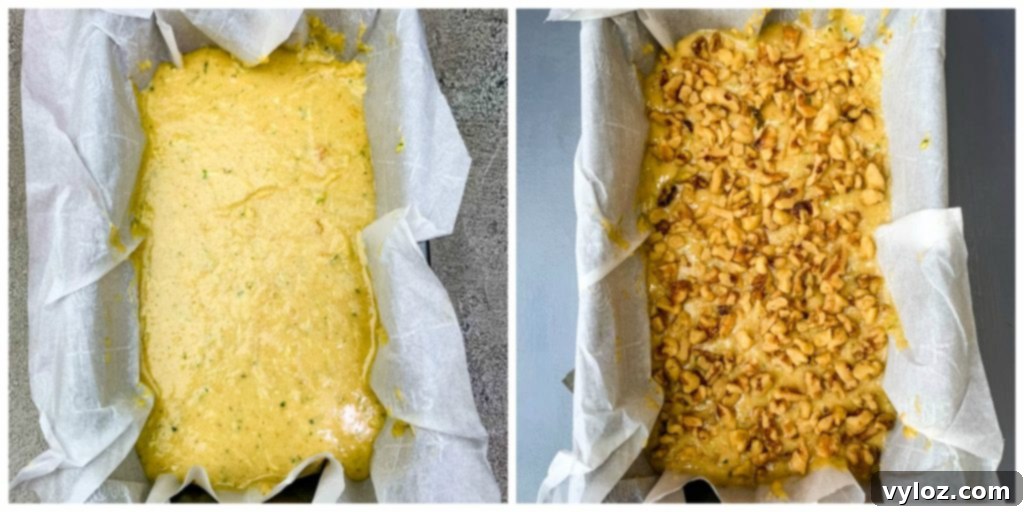 Batter for keto zucchini bread with nuts in a loaf pan, ready for baking