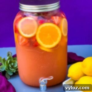 Jungle Juice cocktail recipe in a 2-gallon glass container, highlighting the vibrant drink