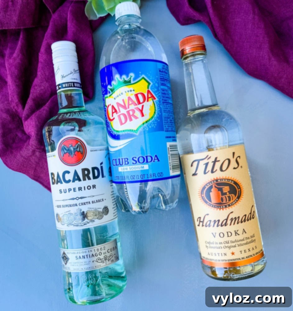 Bottles of vodka, rum, and club soda arranged on a flat surface, ready for mixing Jungle Juice