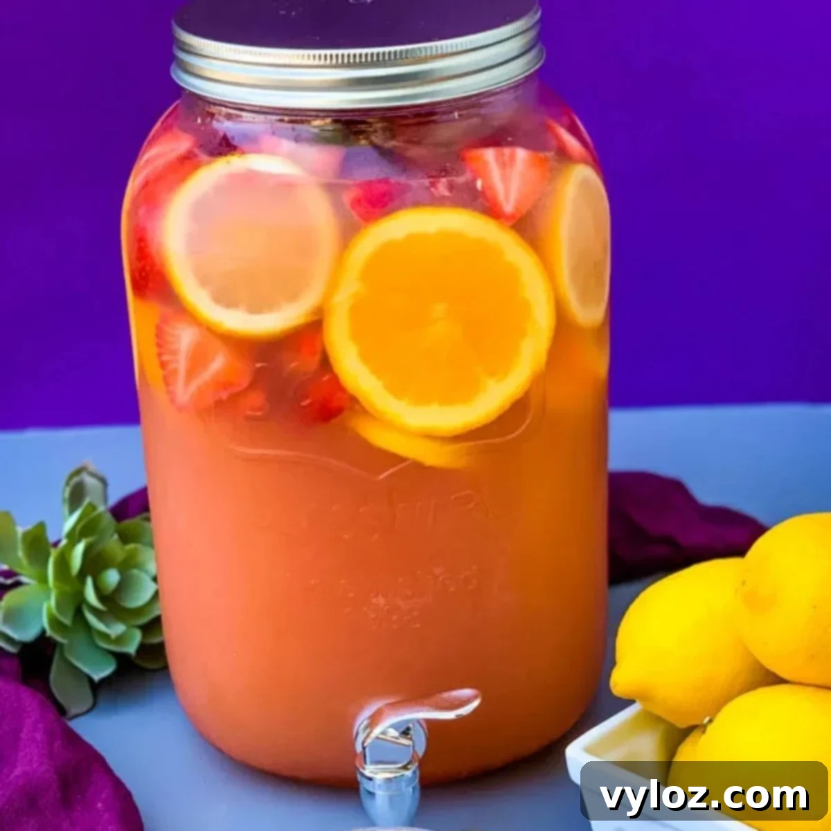 A 2-gallon glass container filled with vibrant Jungle Juice cocktail, ready for a party
