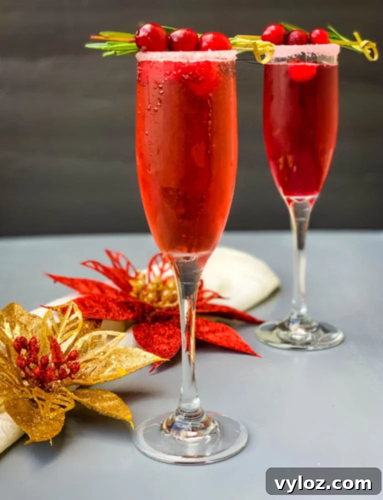 Crimson Mimosa 2 Elegant Cranberry Mimosa cocktail in a champagne flute, garnished with fresh cranberries