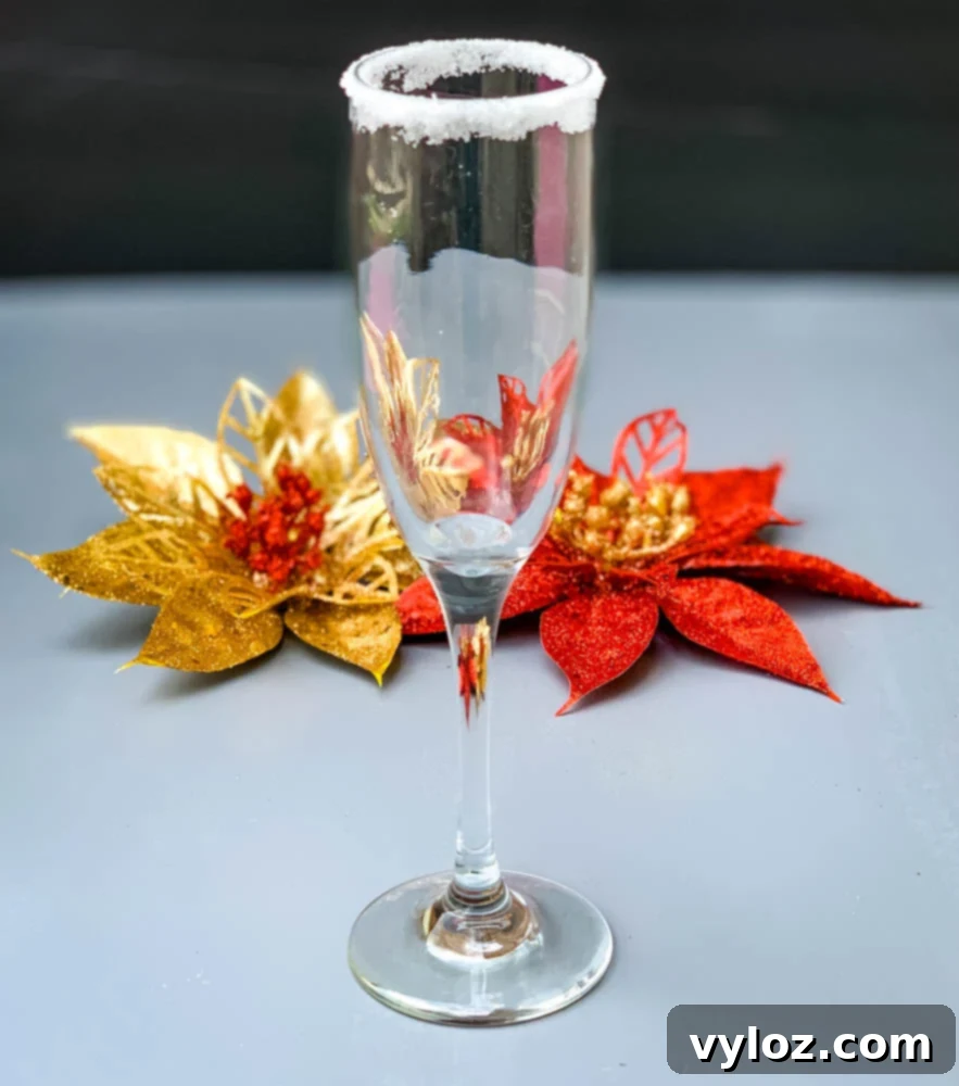 Crimson Mimosa 5 Champagne flute with a sugar-rimmed edge, ready for a festive mimosa