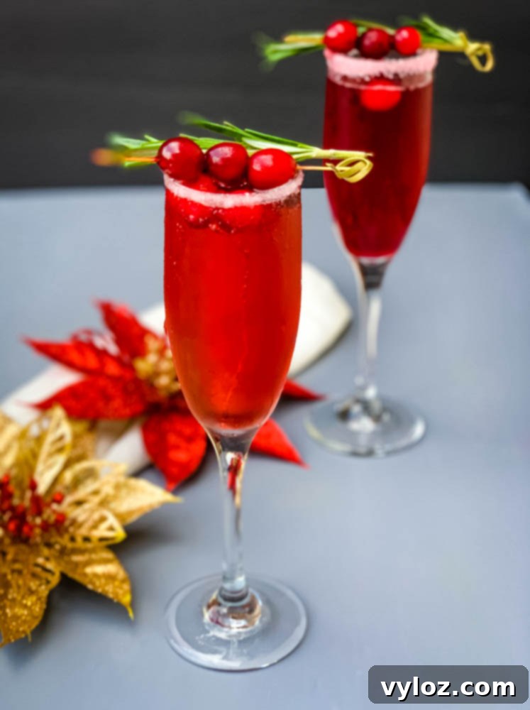 Crimson Mimosa 8 Close-up of a festive Cranberry Mimosa in a champagne flute with fresh cranberries and rosemary garnish