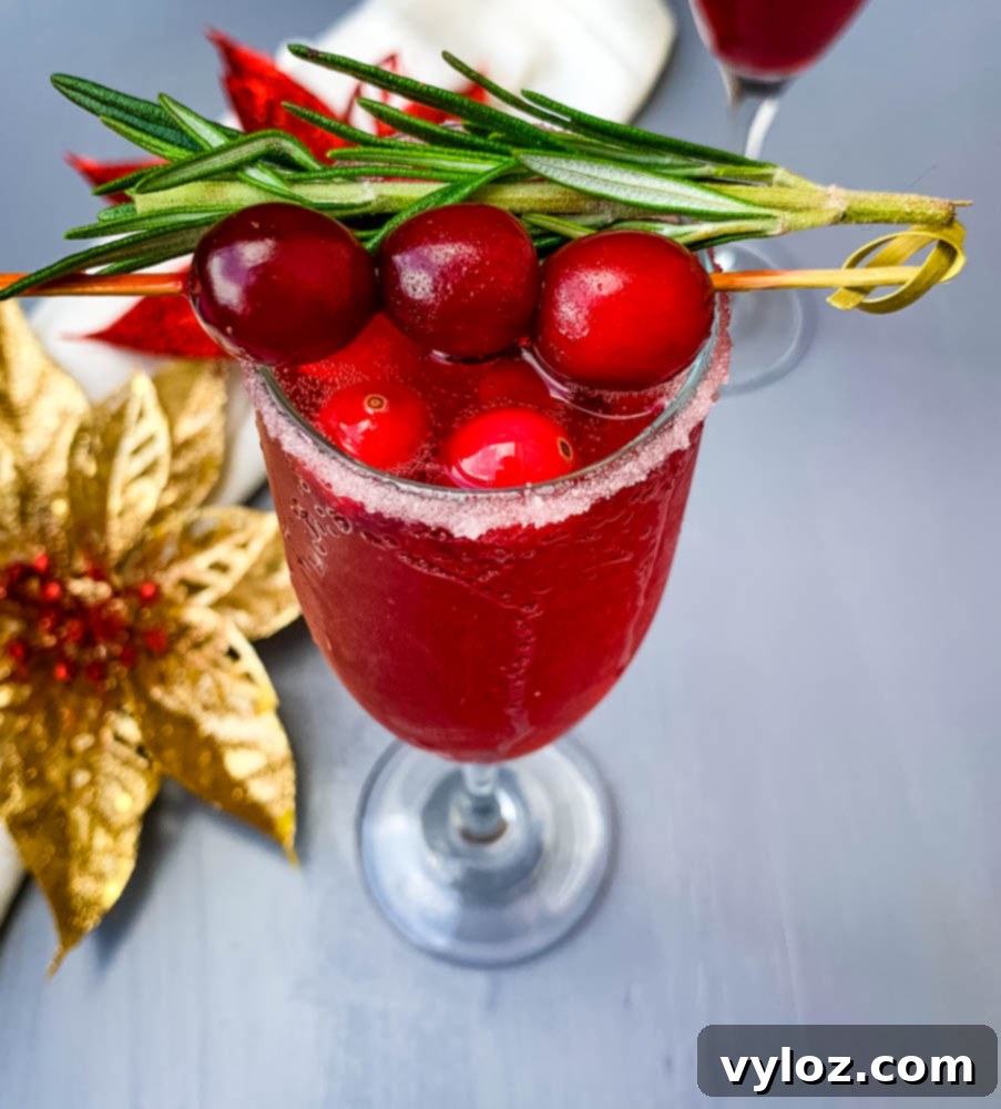 Crimson Mimosa 9 Cranberry Mimosa served in an elegant champagne flute with fresh cranberry and rosemary garnish