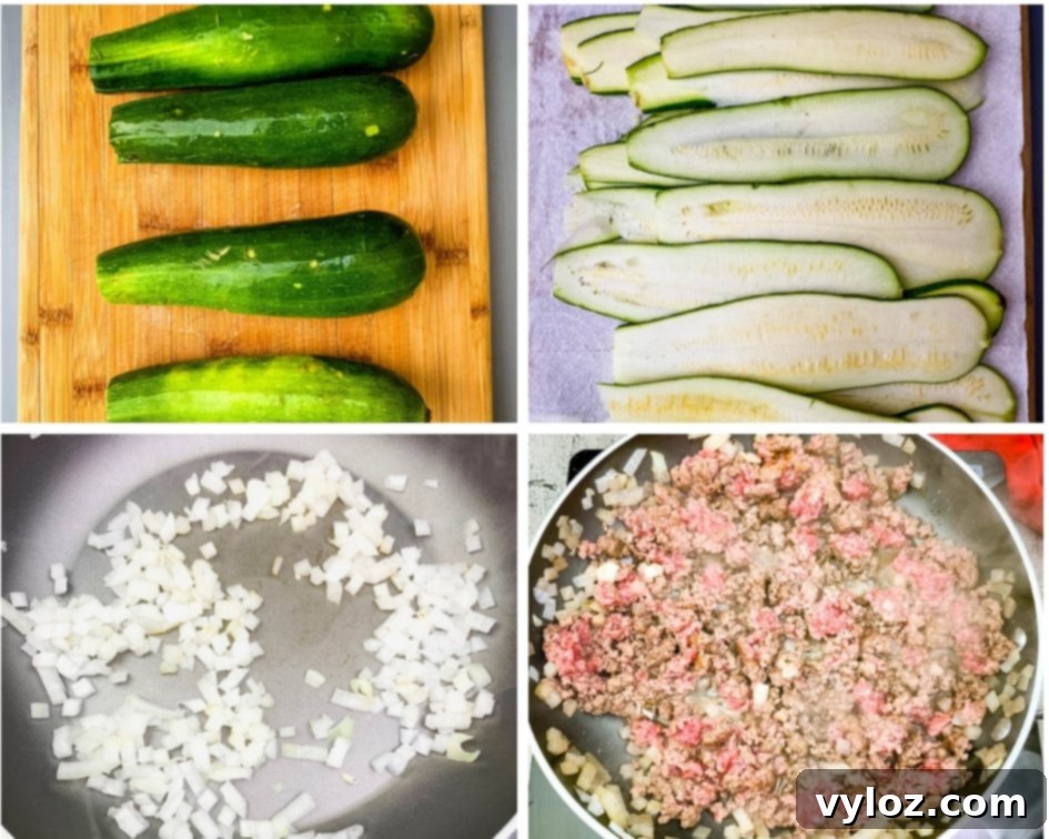 Quick Zucchini Lasagna Pinwheels 5 A collage of images showing raw zucchini, perfectly sliced zucchini strips, and the prepared cheese filling, ready for assembly into lasagna rolls.