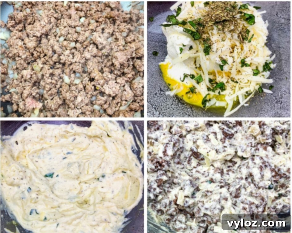 Quick Zucchini Lasagna Pinwheels 6 A collage of four images showing the process of cooking ground beef in a skillet and combining it with the creamy filling for zucchini lasagna rolls.