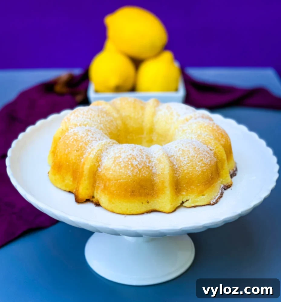 air fryer lemon cake on a white cake stand with fresh lemons