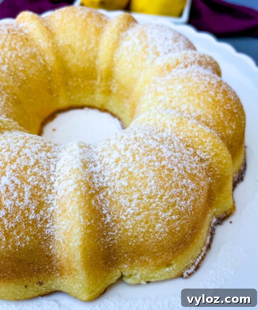 air fryer lemon cake on a white cake stand