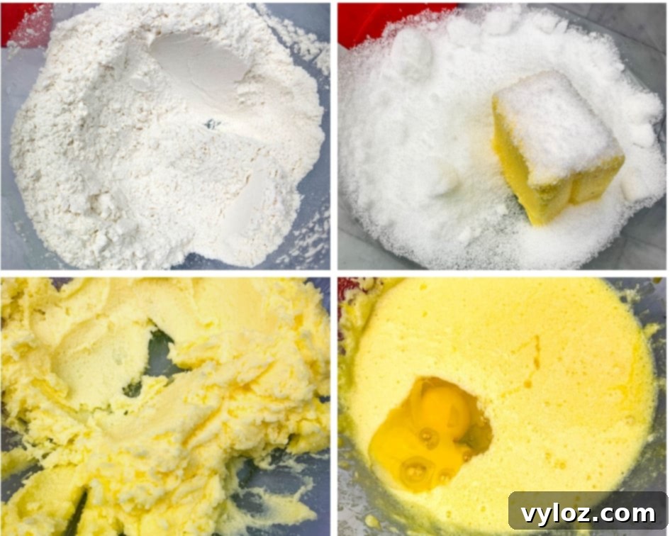 collage photo of 4 separate photos of air fryer cake batter in a glass bowl