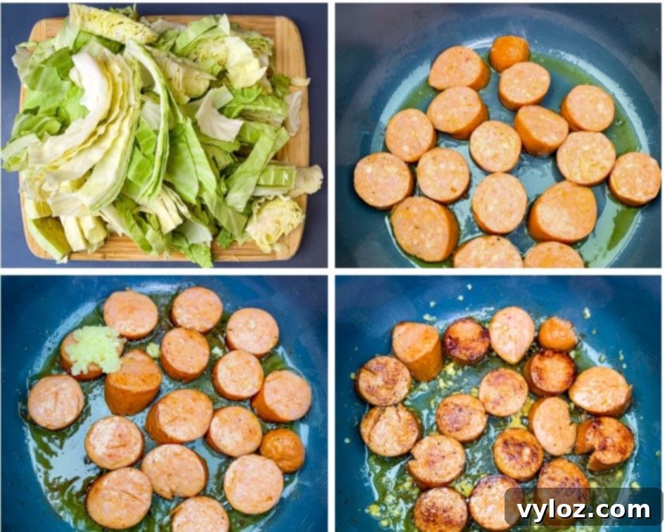 Collage showing four stages of cutting cabbage on a wooden board and sliced sausage in an Instant Pot, illustrating preparation steps for the recipe.