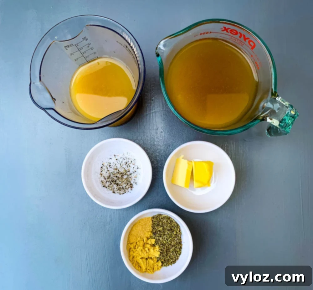 Savory Keto Cheeseburger Bliss 4 Key seasonings and liquids for keto cheeseburger soup: chicken broth, butter, Italian Seasoning, and dry mustard powder.